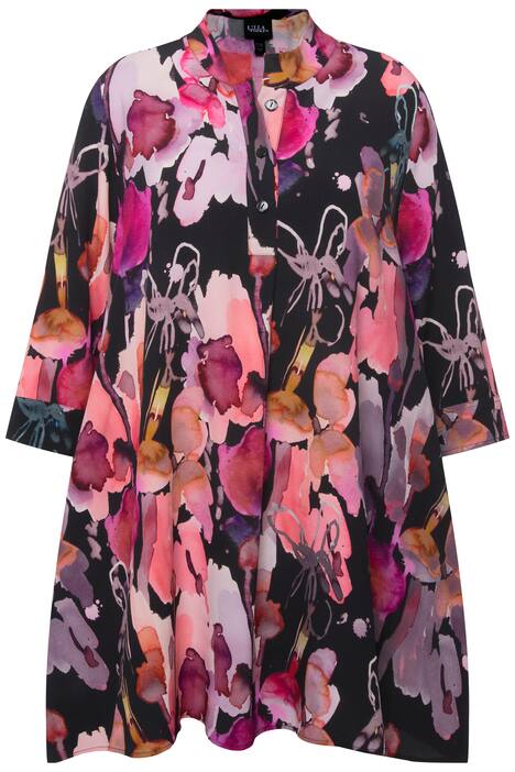 Tunika, květy, A střih, stojáček, 3/4 rukávy