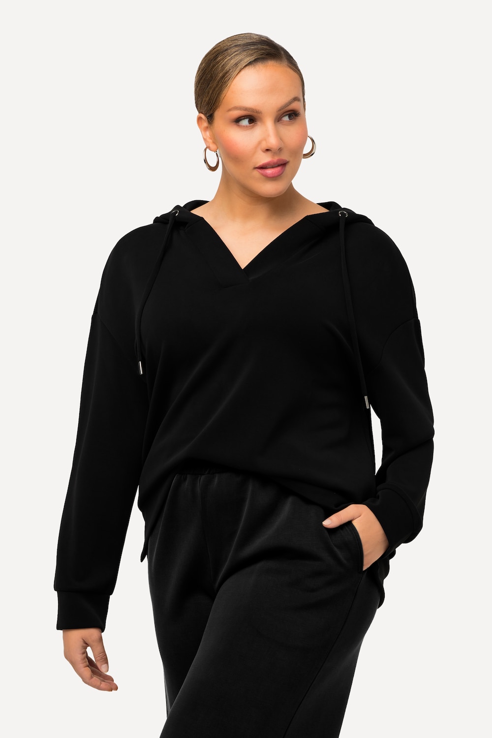 grandes tailles sweat-shirt à capuche oversize à manches longues et col en v, femmes, noir, taille: 48/50, fibres synthétiques/polyester, ulla popken