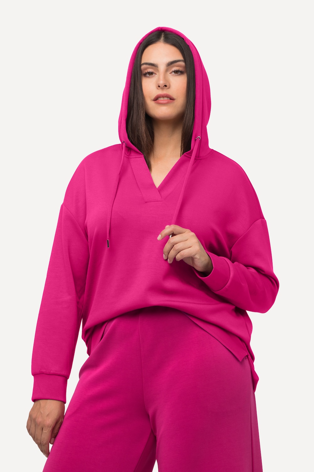grandes tailles sweat-shirt à capuche oversize à manches longues et col en v, femmes, rose, taille: 44/46, fibres synthétiques/polyester, ulla popken