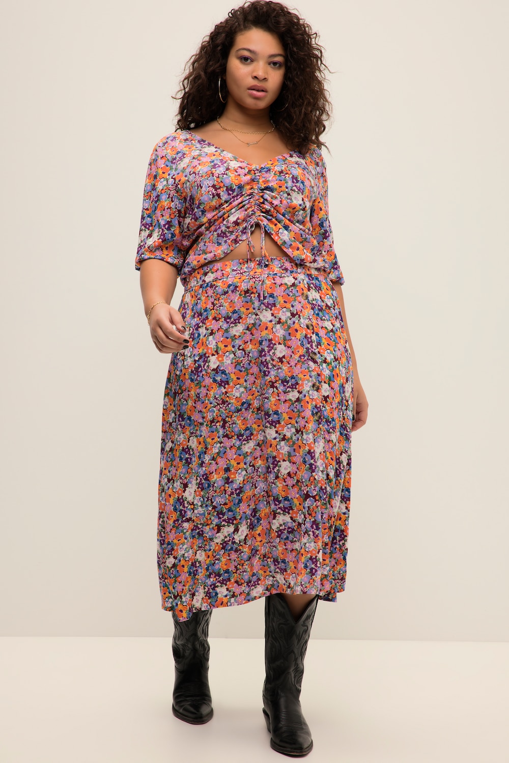 grandes tailles jupe trapèze à imprimé floral, femmes, orange, taille: 48/50, viscose, studio untold