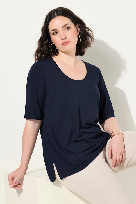 Ulla Popken T-Shirt Basic Donna Taglio Morbido, Scollo A V E Mezze Maniche, Blu Chiaro, Taglia 46+ (515283719-46)
