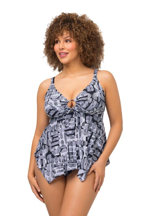 Tankiny, grafický potisk, měkké košíčky, cípový lem