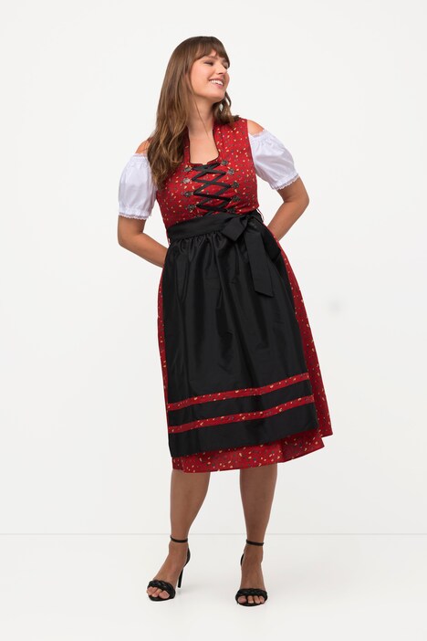 Robe Dirndl Traditionnelle Avec Col Montant Et Tablier Dentelle - Taille 32 à 54, Bleu/Gris, Inclut Charivari
