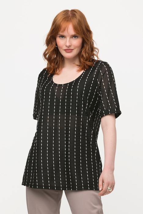 Sheer Striped Textured Short Sleeve Tee