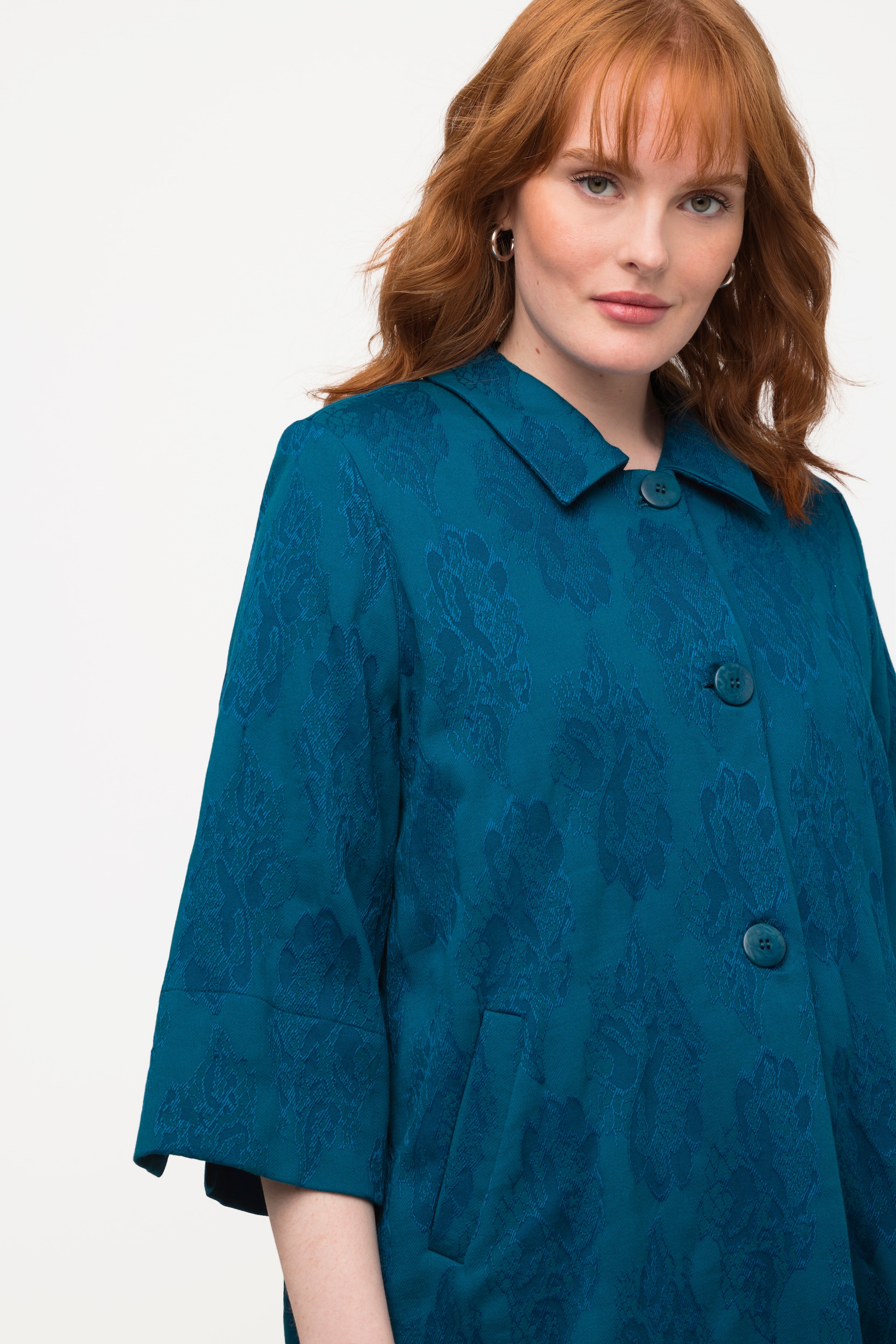 Ulla Popken Damen große Größen Jacquard Jacke Blüten A Linie Hemdkragen