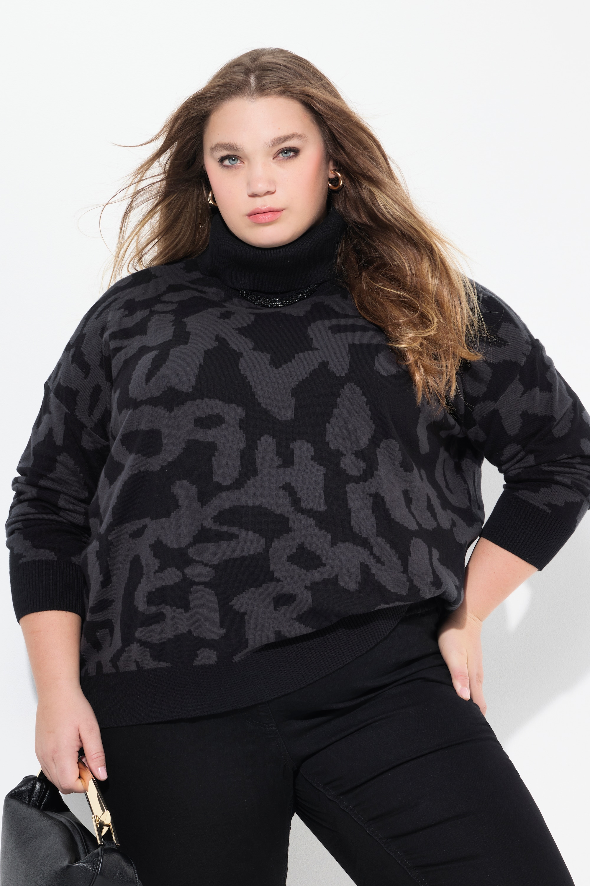 Ulla Popken Damen große Größen Pullover Buchstaben gerippter Rollkragen