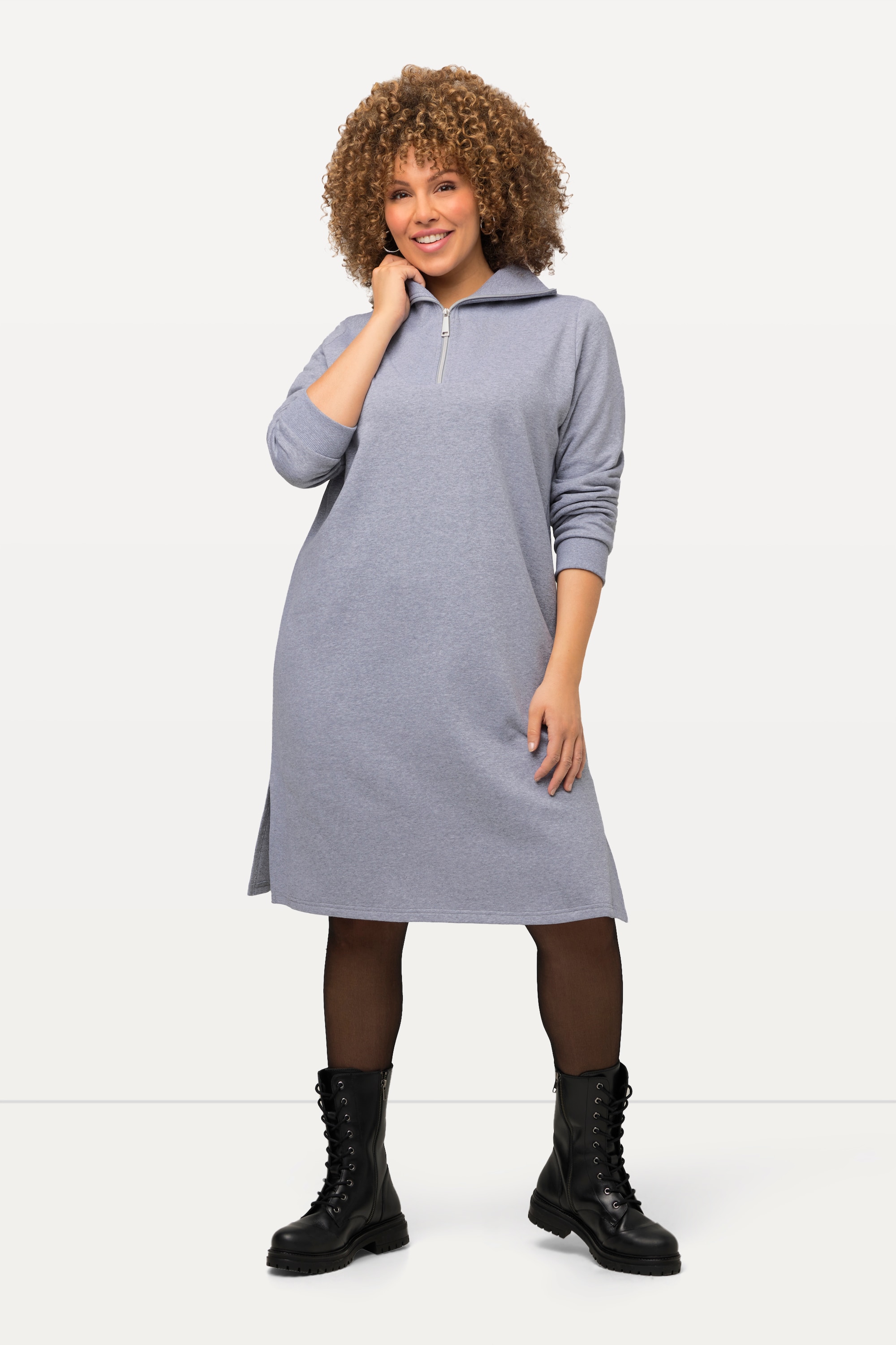 Ulla Popken Damen große Größen Sweatkleid Troyerkragen Reißverschluss