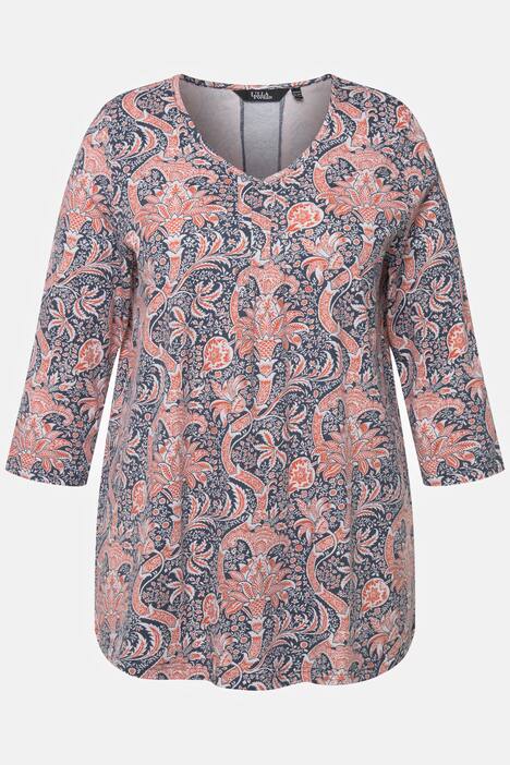 T-Shirt, Zierfalten, A-Linie, V-Ausschnitt, 3/4-Arm