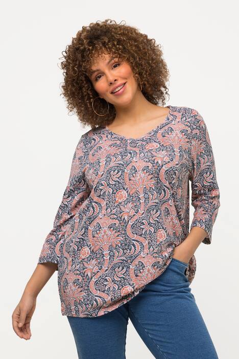 T-Shirt, Zierfalten, A-Linie, V-Ausschnitt, 3/4-Arm