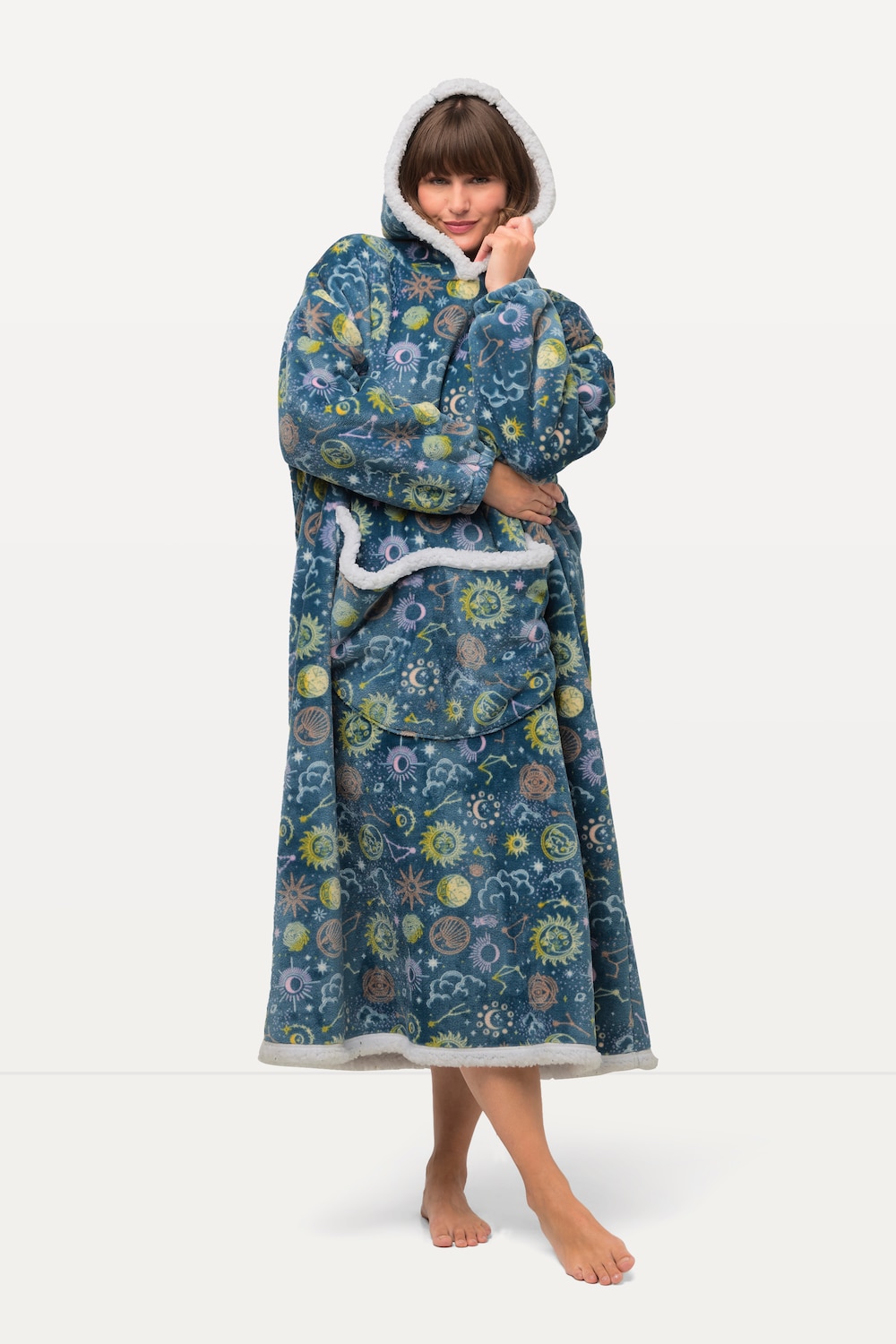 grandes tailles poncho en peluche avec motif astres, femmes, turquoise, taille: ii, polyester, ulla popken