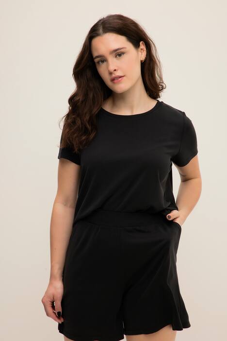 T-shirt, klasyczny krój, cupro touch, okrągły dekolt, rękaw 1/2