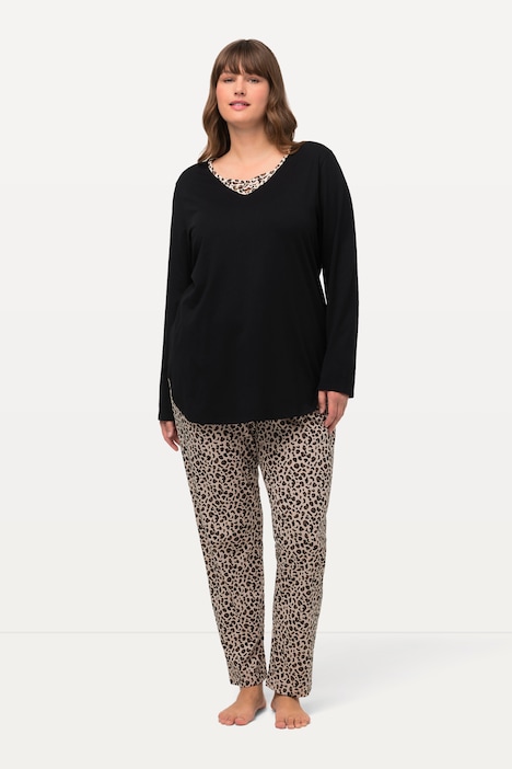 Pyjamas, leopardmønster, V-hals, lange ermer