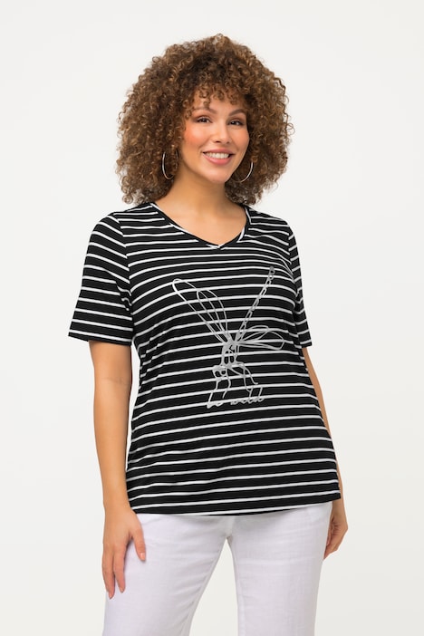 Striped Minimalist Animal Short Sleeve V-Neck Graphic Tee