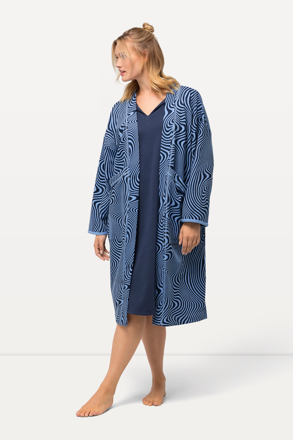 Große Größen Loungewear-Langjacke, Damen, blau, Größe: 42/44, Baumwolle/Polyester, Ulla Popken