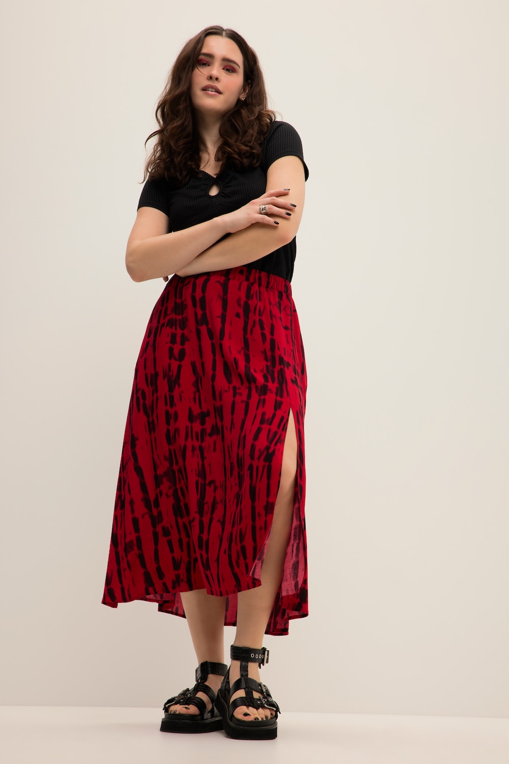 grandes tailles jupe maxi à ligne en a et ceinture élastique, femmes, rouge, taille: 48/50, viscose, studio untold