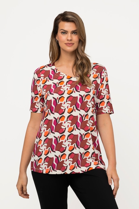 Retro Print Short Sleeve V-Neck Slinky Shirt