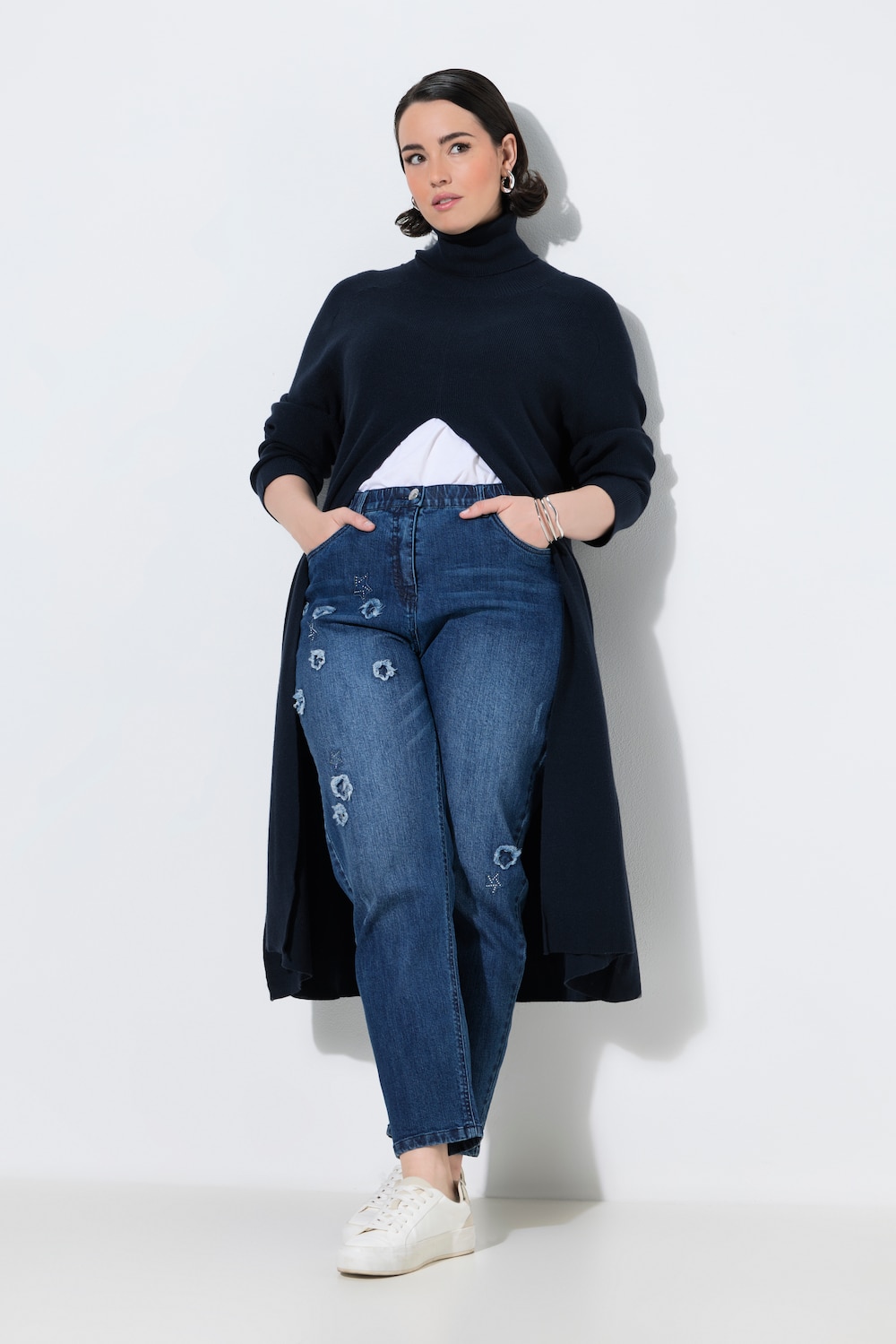 Long-Pullover, A-Linie, Stehkragen, Langarm