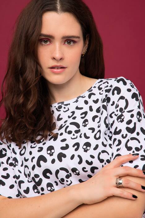 T-Shirt, oversized, Totenkopf Print, Rundhals, Halbarm