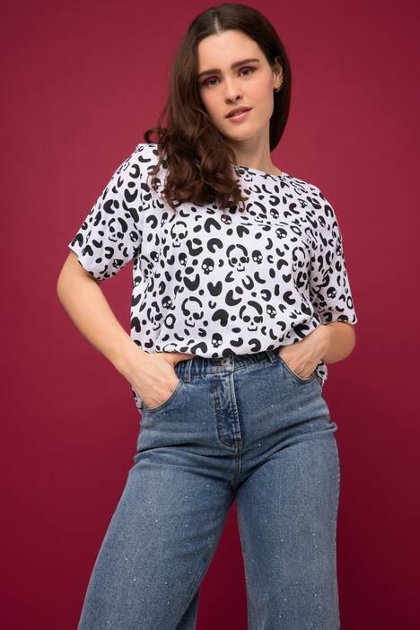 T-Shirt, oversized, Totenkopf Print, Rundhals, Halbarm