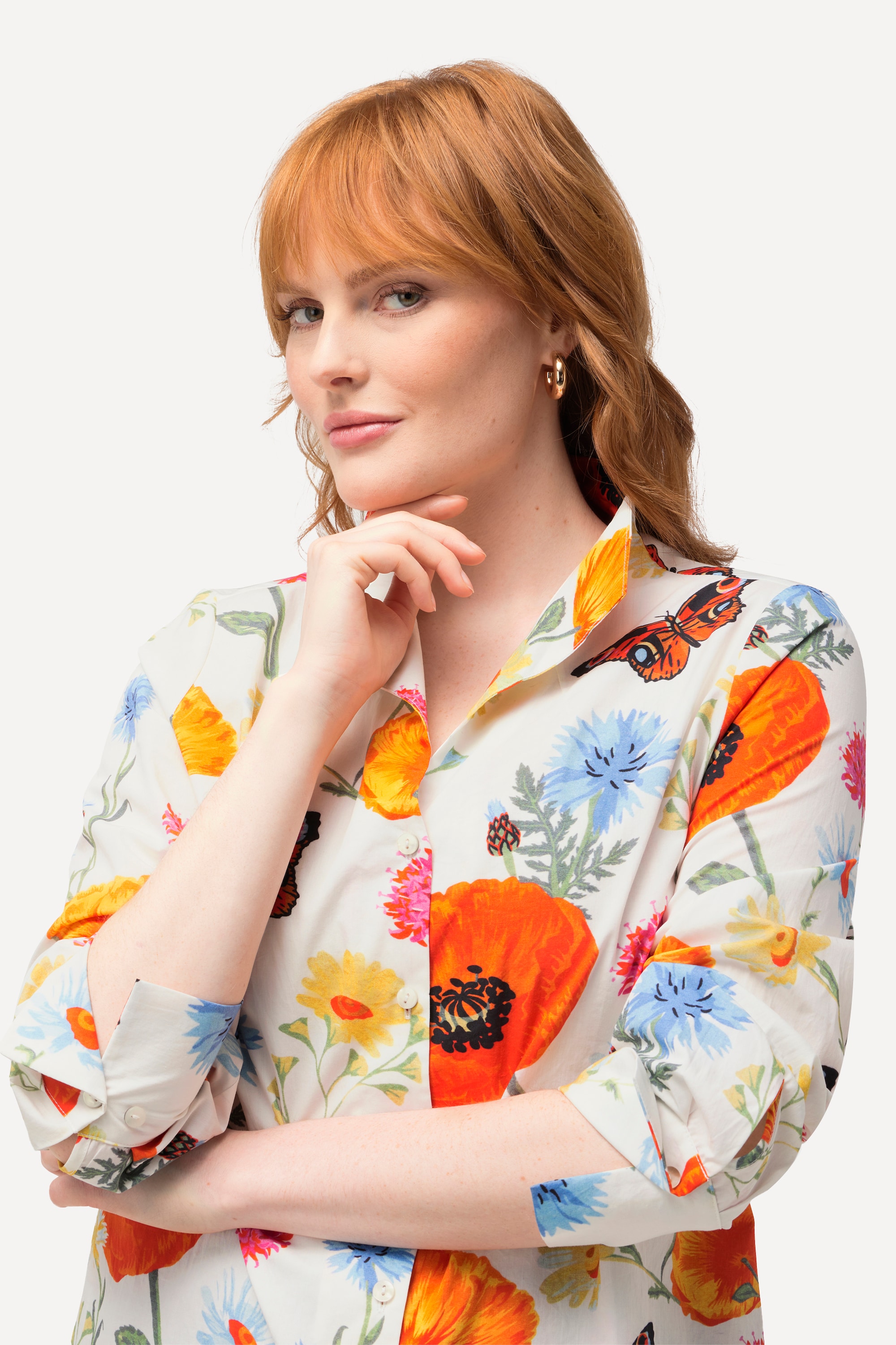 Ulla Popken Damen große Größen Bluse Blüten Schmetterlinge Kelchkragen