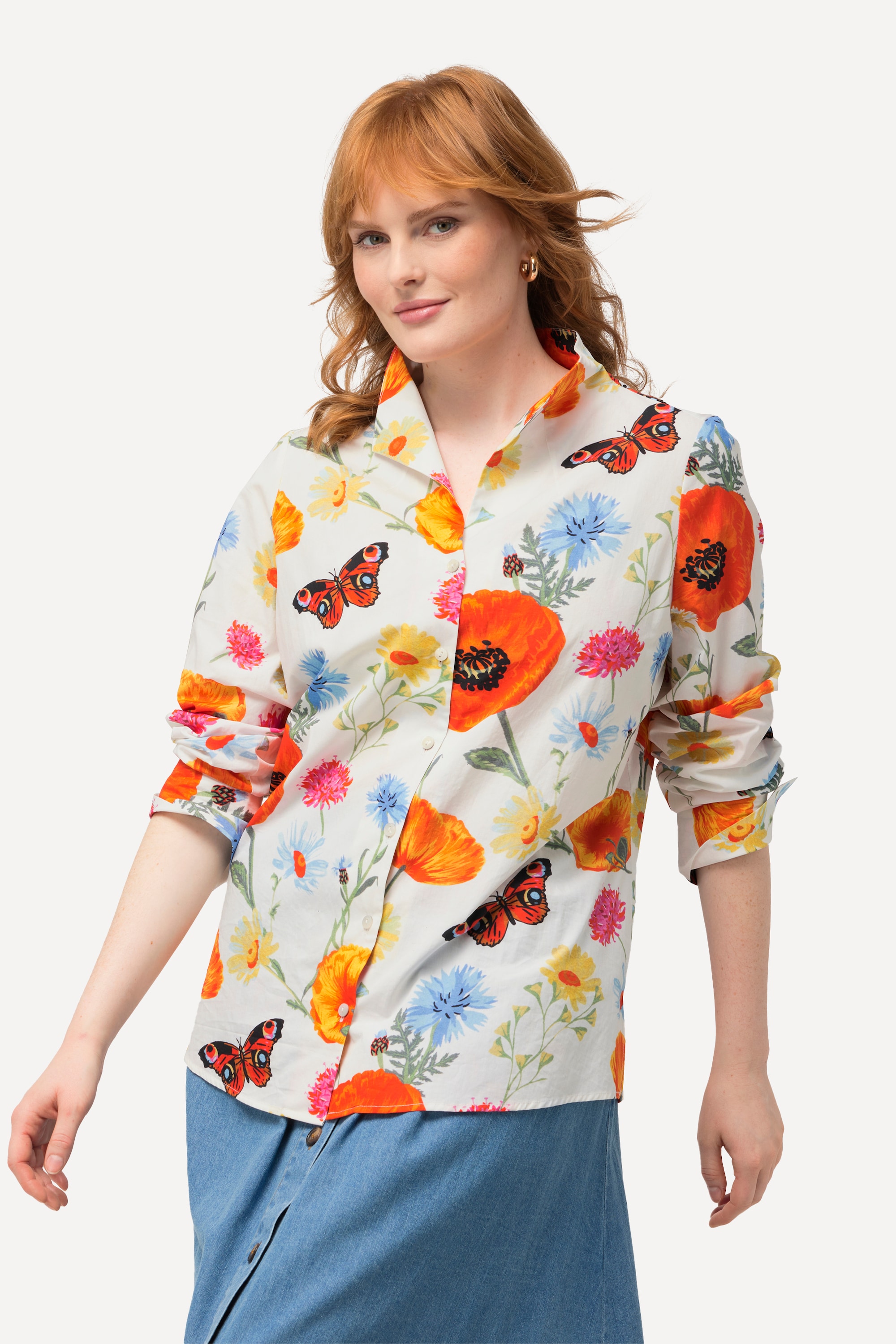 Ulla Popken Damen große Größen Bluse Blüten Schmetterlinge Kelchkragen