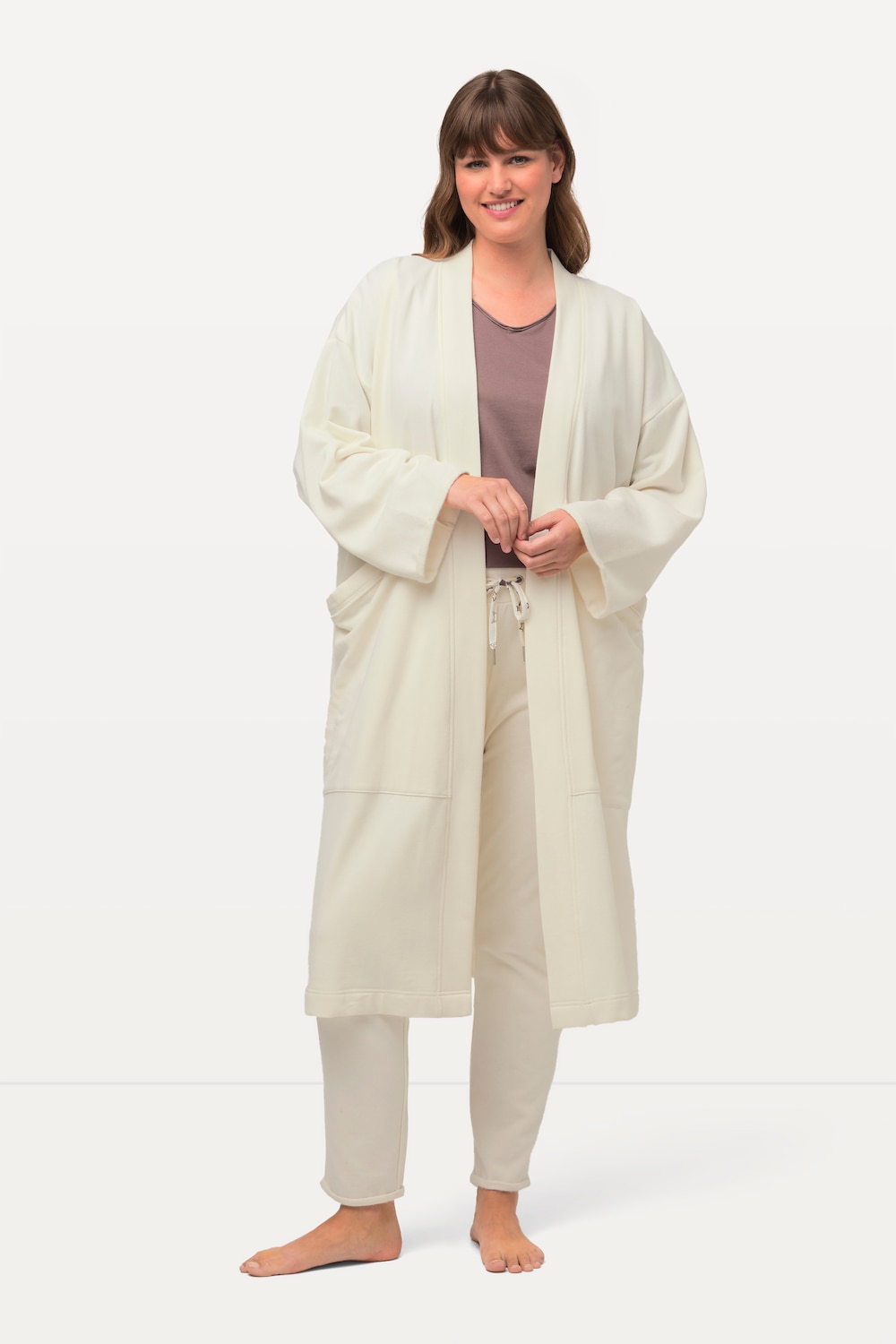 Große Größen Loungewear-Longjacke, Damen, beige, Größe: 46/48, Polyester/Baumwolle, Ulla Popken