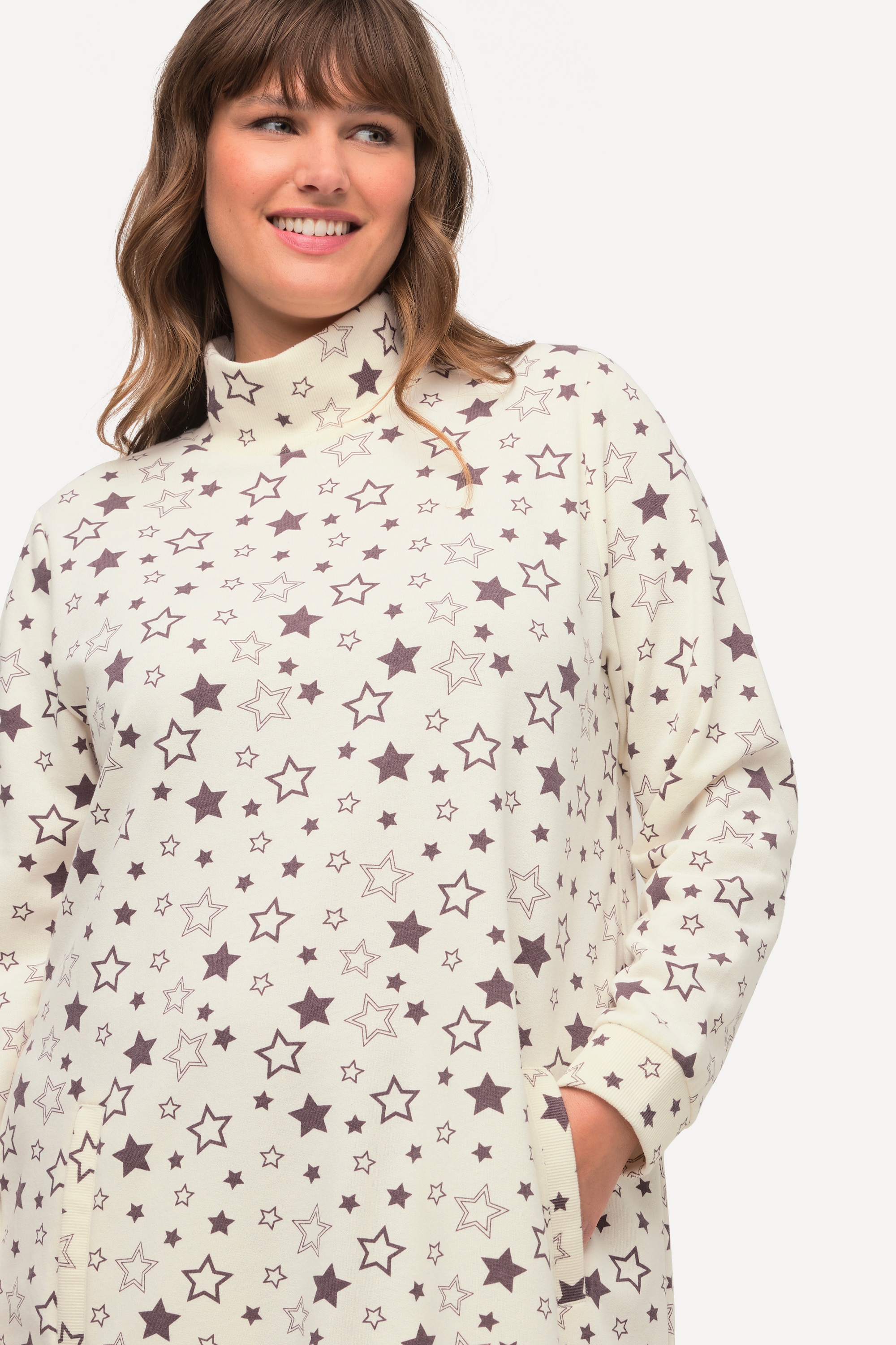 Ulla Popken Damen große Größen Loungwear Kleid kuschelweich Sterne Stehkragen