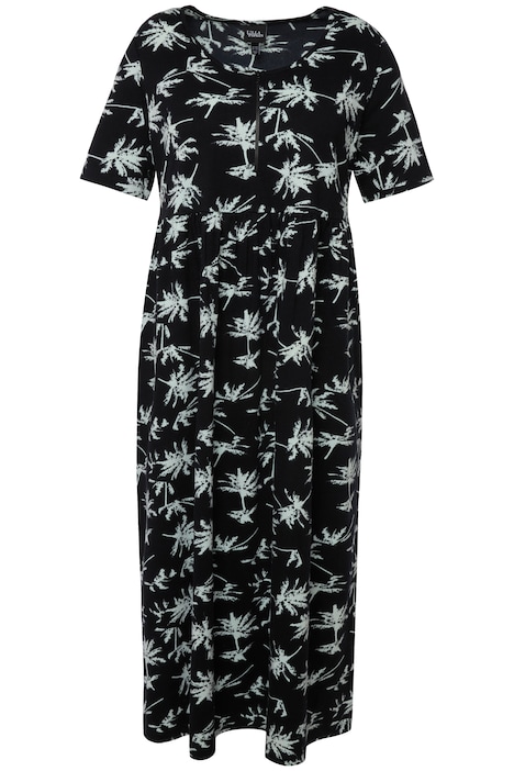 Midi šaty, palmy, A střih, kulatý výstřih, krátké rukávy