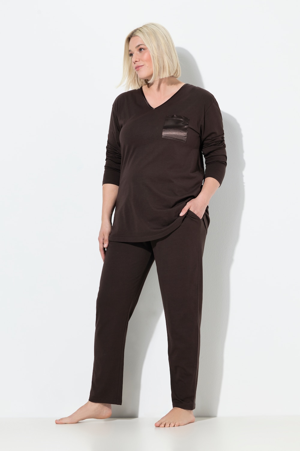 Pyjama, Satin-Brusttasche, V-Ausschnitt, Langarm
