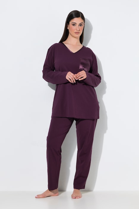 Pyjama, satijnen borstzak, V-hals, lange mouw