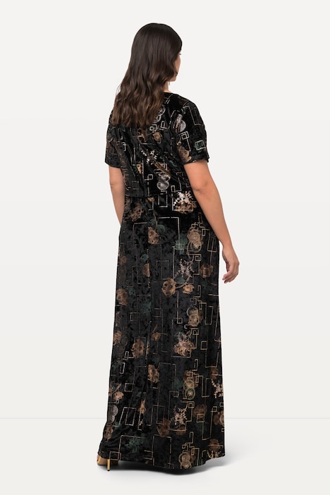 Geometric Print Velvet Short Sleeve V-Neck Dress | More Dresses | Dresses
