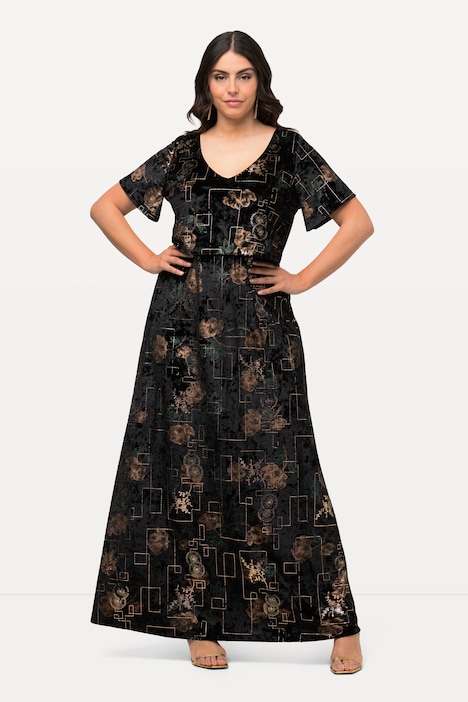 Geometric Print Velvet Short Sleeve V-Neck Dress | More Dresses | Dresses