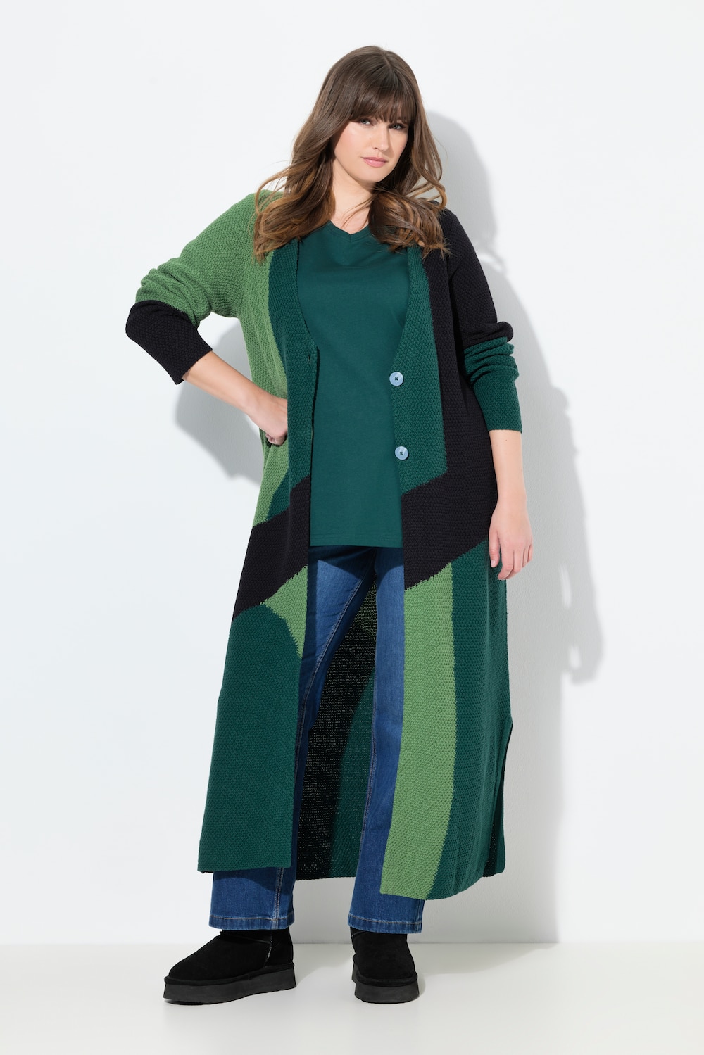 Long-Strickjacke, Struktur, V-Ausschnitt, Biobaumwolle