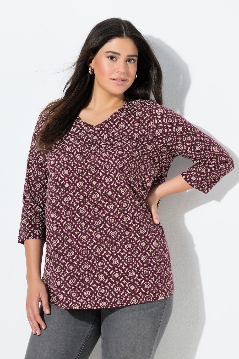 Shirt, A-Linie, Zierfalten, V-Ausschnitt, 3/4-Arm