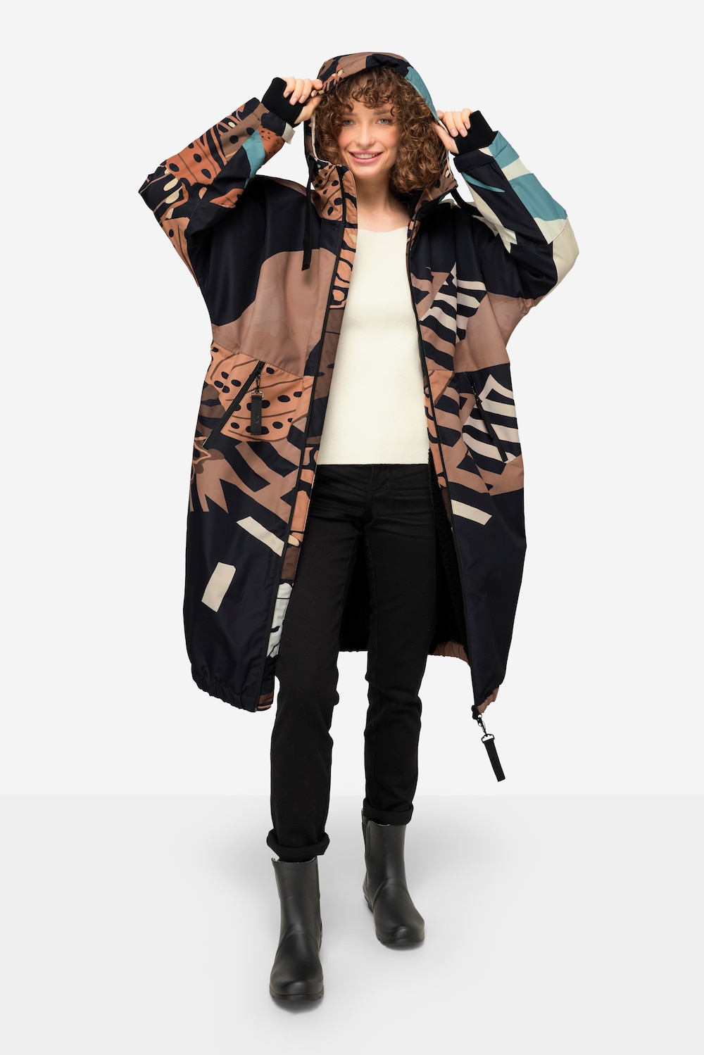 Funktions-Jacke, oversized, maritimer Allover-Print, Teddyfutter, 2-Wege-Zipper