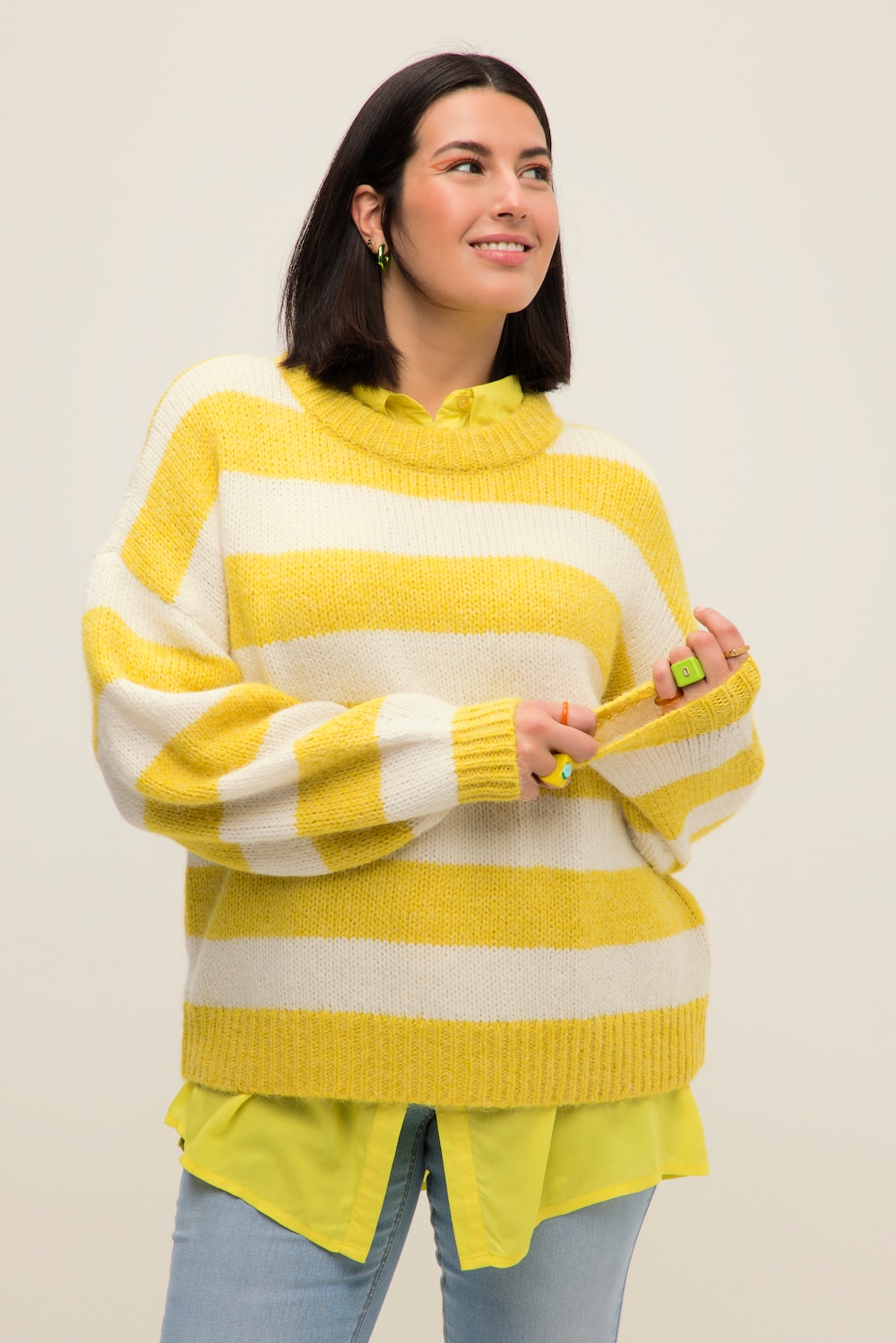 grandes tailles pull oversize à larges rayures, femmes, jaune, taille: 52/54, polyester, studio untold