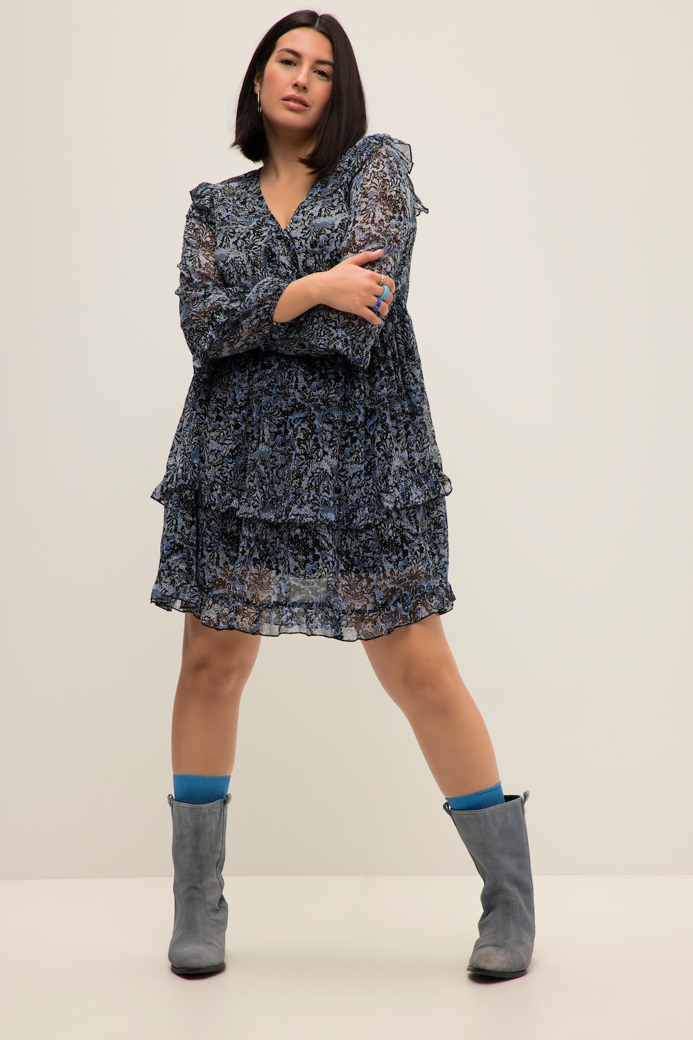 Grote Maten Chiffon mini-jurk, Dames, blauw, Maat: 54/56, Polyester, Studio Untold