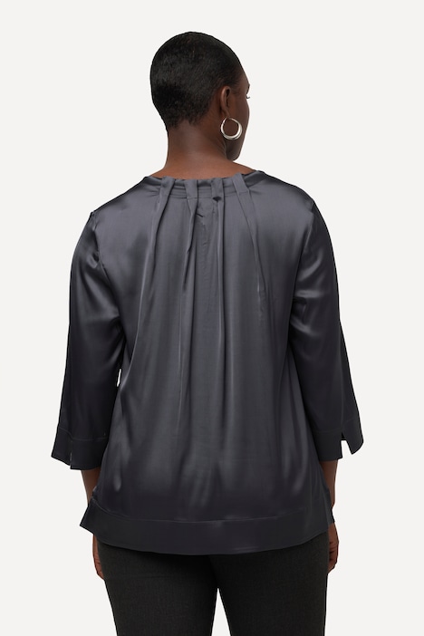 3/4 Sleeve Pleated Neckline Keyhole Cutout Satin Blouse | Tanks | Blouses