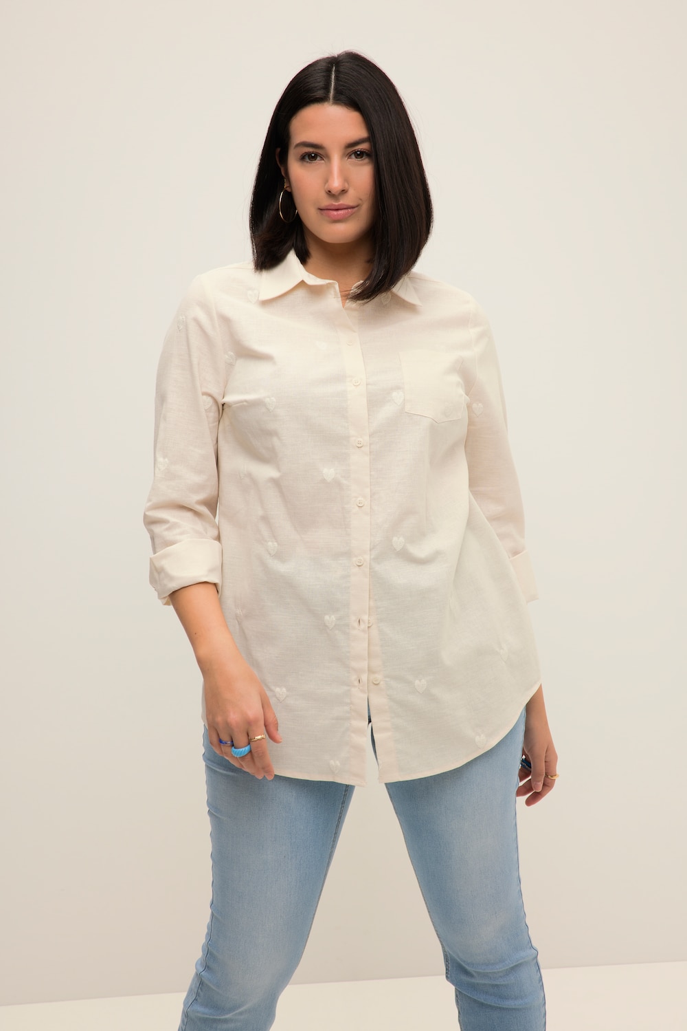 Hemdbluse, Herz-Stickereien, Hemdkragen, Langarm