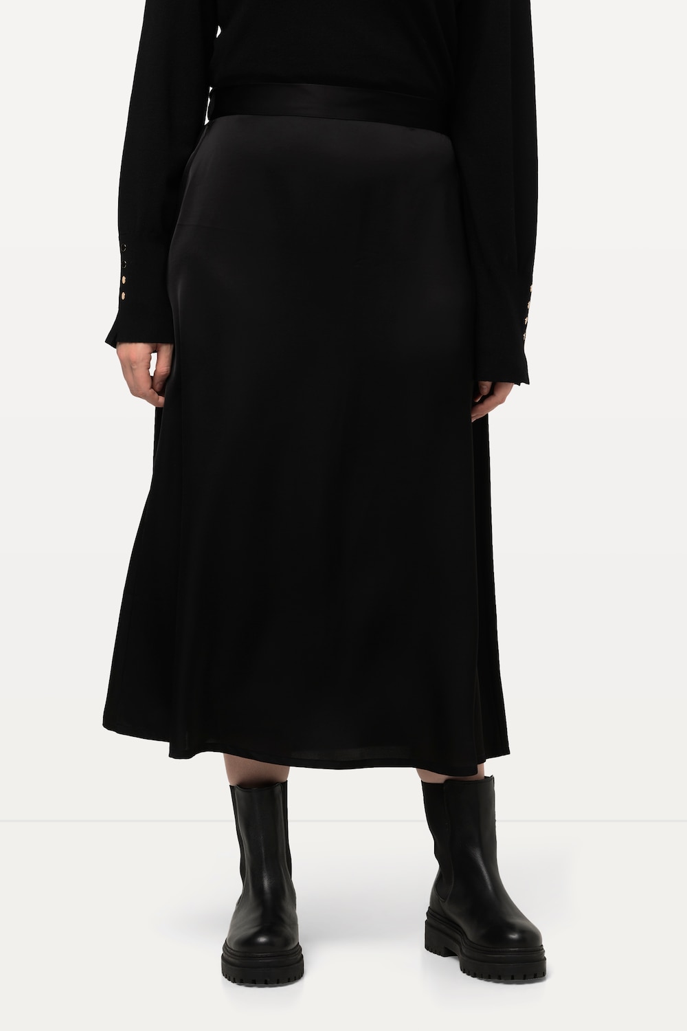 Große Größen Satin-Midirock, Damen, schwarz, Größe: 50/52, Polyester, Ulla Popken