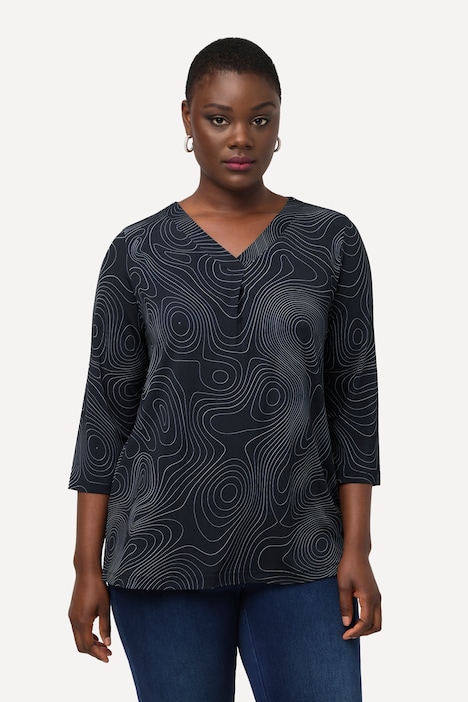 Line Print Stretch Blend 3/4 Sleeve V-Neck Tee | T-Shirts | Knit Tops ...