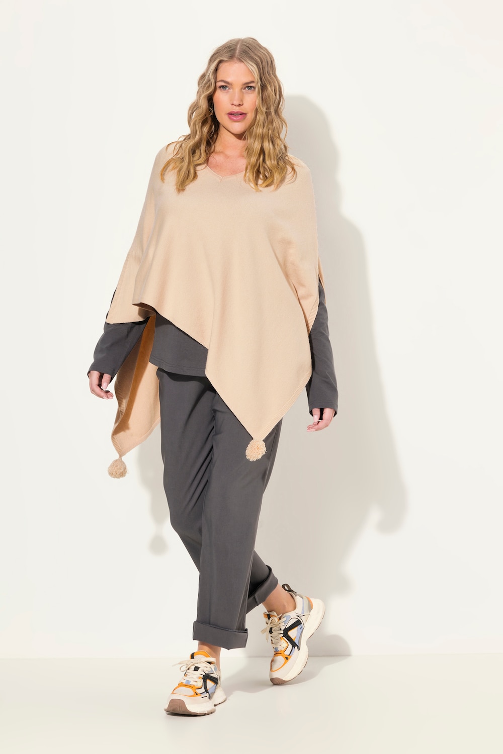 Große Größen Strick-Poncho, Damen, gelb, Größe: 2=50-56, Viskose/Polyester/Synthetische Fasern, Ulla Popken