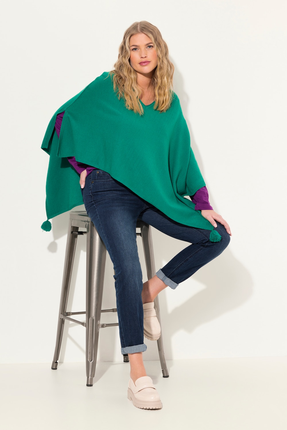 Große Größen Strick-Poncho, Damen, grün, Größe: 1=42-48, Viskose/Polyester/Synthetische Fasern, Ulla Popken