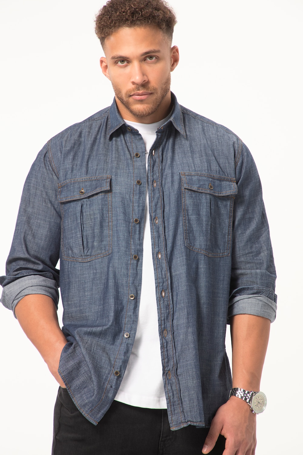 grandes tailles chemise en jean sthuge, femmes, bleu, taille: xxl, coton, sthuge