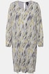 Robe plissée, imprimé marbré. Plis godet. Décolleté rond et manches longues.