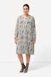 Robe plissée, imprimé marbré. Plis godet. Décolleté rond et manches longues.