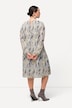 Robe plissée, imprimé marbré. Plis godet. Décolleté rond et manches longues.