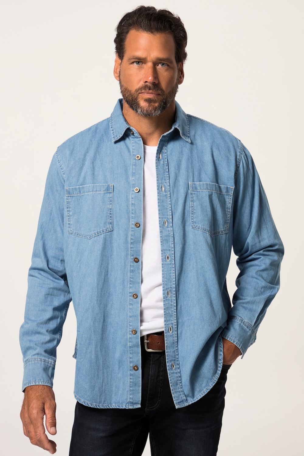grandes tailles chemise en jean à manches longues et col kent. coupe modern fit. jusqu'au 8xl, hommes, bleu, taille: 4xl, coton, jp1880