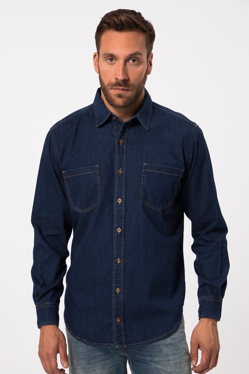 grandes tailles chemise en jean à manches longues et col kent. coupe modern fit. jusqu'au 8xl, hommes, bleu, taille: 4xt, coton, jp1880