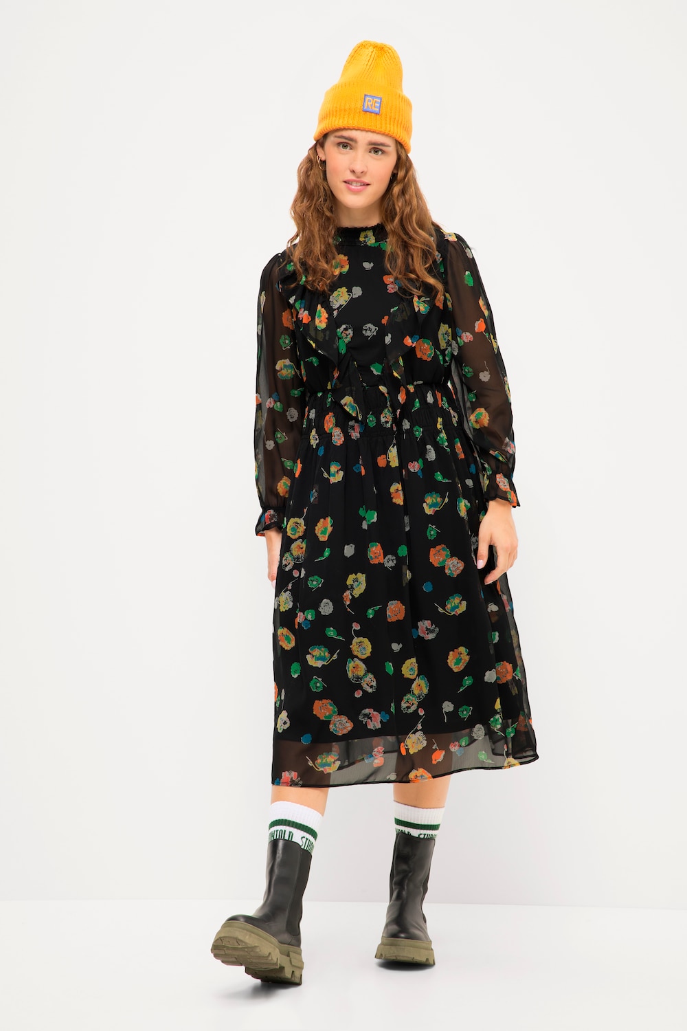 Midikleid, A-Line, Flowerprint, Rüschen-Stehkragen, Langarm